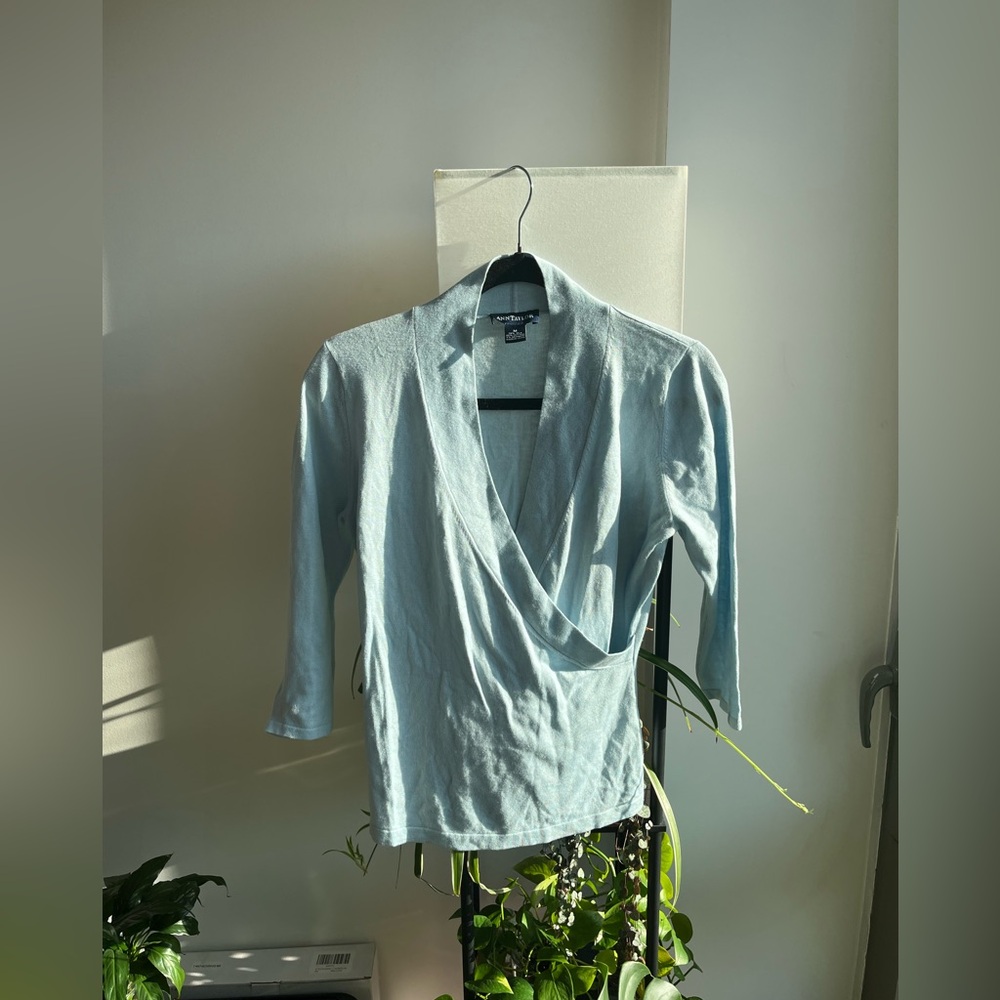 Ann Taylor light blue wrap waist sweater with 3/4 sleeves